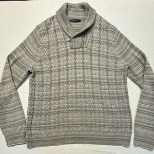 Perry Ellis Shawl Collar Grandpa Cable Knit Pullover Sweater Gray Tan Men XL